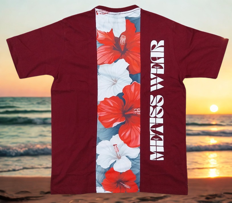 T-shirt Hibiscus face arrière Metiss Wear couleur bordeau en coton et polyester